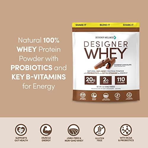 Designer Wellness, Designer Whey, Natural Whey Protein Powder with Probiotics, Fiber, and Key B-Vitamins for Energy, Gluten-Free, Gourmet Chocolate, 2 lb