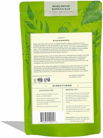 Worldwide Botanicals Organic Schisandra Berries, 1lb, tea cut for best infusion. 100% Schisandra chinesis AKA Five Flavor Fruit, Omija, Wu Wei Zi, Adaptogen Tea, 16 ounces