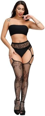 E-Laurels Garter Stockings For Women Thigh High Fishnet Stockings Suspender Pantyhose (Black,1525)