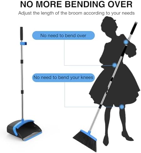 NACENA Broom and Dustpan Set, 52-in Long Adjustable Handle Broom Dustpan Combo with Dustpan Teeth to Automatically Clean Hair Suitable for Home Kitchen Office Hall Floor（Black&Blue）