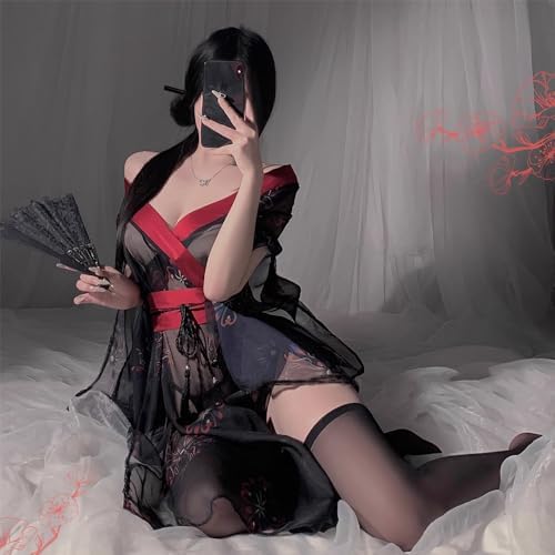 sexy kimono lingerie for women costume cosplay robe Perspective Cute open front Deep V-Neck Floral Pattern short dress japanese Yukata Anime Side Slit suit Sleepwear Pajamas outfit set black