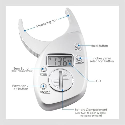 Digital Body Fat Caliper with LCD Display – Handheld Skinfold Fat Tester with Body Tape Measure, Accurate Body Fat Measurement Tool for Men and Women, Portable Fitness Analyzer, mm/in Units