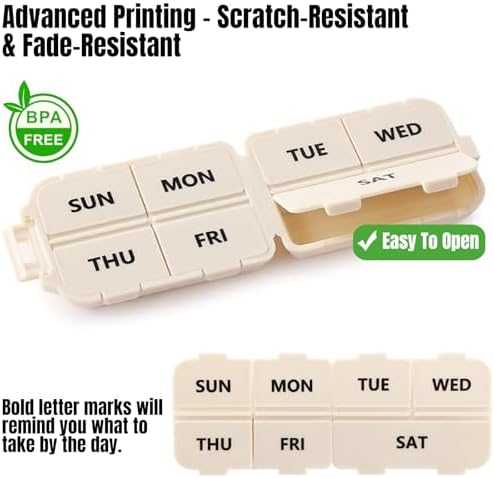 7 Day Compact Pill Organizer, Foldable Portable Travel Pill Box with Double Protection, Daily Small Pill Case Dispenser for Medication, Vitamins, Supplements (Khaki)