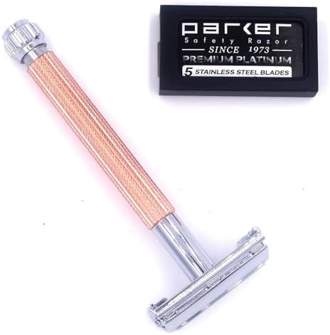 Parker 29L Rose Gold, Long Handle Butterfly Open Double Edge Safety Razor for Men & Women, 5 Parker Premium Platinum Double Edge Razor Blades Included
