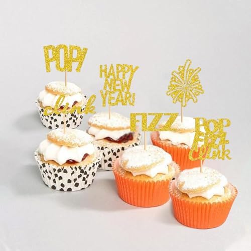 24 Pcs Happy New Year Cupcake Toppers Welcome 2026 Picks Fireworks FIZZ POP Clink Cupcake Toppers for Congratulations 2026 Happy New Year Eve Holiday Theme Holiday Party Decoration POP Gold