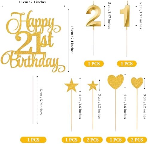 21st Birthday Cake Toppers, 21st Birthday Candles Numeral Candles and Glitter Cake Decorations Toppers Set for Party Supplies (Gold)