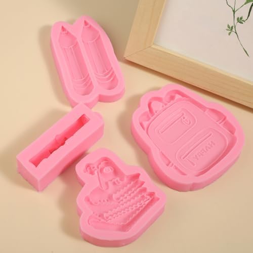 4 Pcs Back-To-School Backpack Silicone Mold, Book Pencil Cake Decoration Fondant Molds, for Graduation Season Cupcake Toppers, Cookies, Candy, Clay, Resin, Sugar Craft, Chewing Gum, Pendant