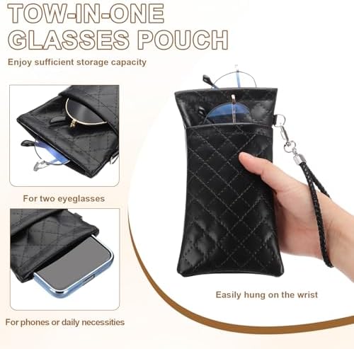 PATIKIL Double Eyeglasses Case, Leather Soft Glasses Cases Portable Sunglasses Pouch Organizer with Carrying Strap