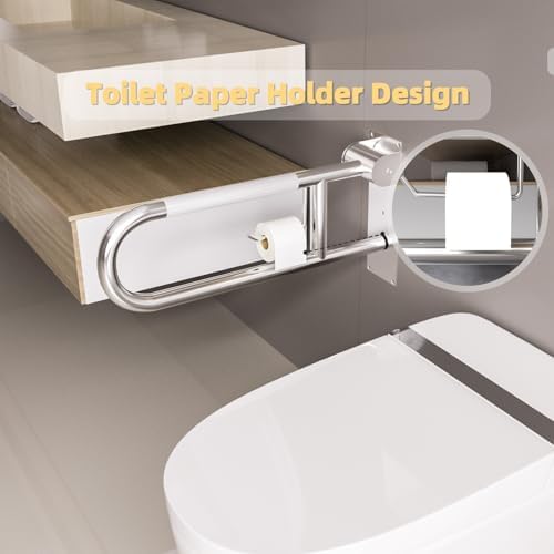 23 Inch Toilet Grab Bar, Flip Up Grab Bar with Paper Holder, Anti-Slip Safety Bars for Toilet, Stainless Steel Knurled Toilet Handles for Seniors Disabled Elderly Pregnant, Brushed Nickel