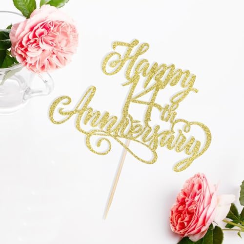 Happy 14th Anniversary Cake Toppers -Wedding Anniversary Party Decorations, 14th Wedding Anniversary, Company Anniversary Party, Birthday Party Decorations (Gold)