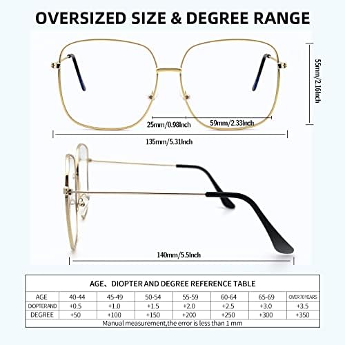 Oversized Square Metal Reading Glasses Women Men, Large Anti Eyestrain Eyewear, Blue Light Blocking Computer Readers