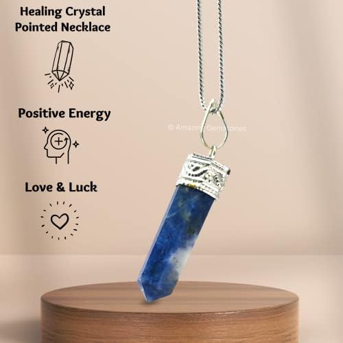 Amazing Gemstone Sodalite Crystal Pencil Point Pendant Necklace with Adjustable Cord - Natural Healing Crystals and Stones for Men, Women