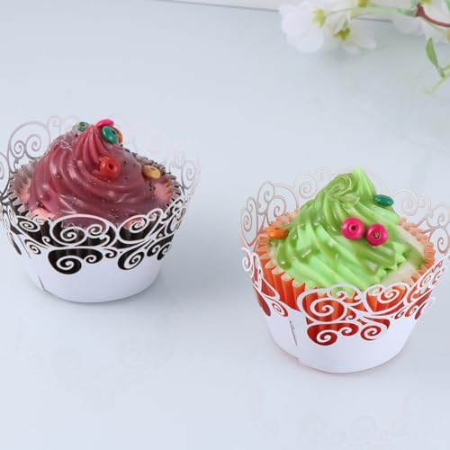 OUNONA 25pcs Hollow out Cake Wrappers Lace Muffin Baking Cups White Pearlized Paper for Wedding Party Dessert Decoration