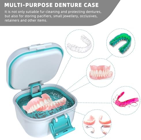 ARGOMAX Leak Proof Denture Bath Cup, Portable Soaking Denture Box, Denture Bath Case with Strainer, for Dentures and Braces, Upgraded Version with Storage Compartment (White + Cyan).