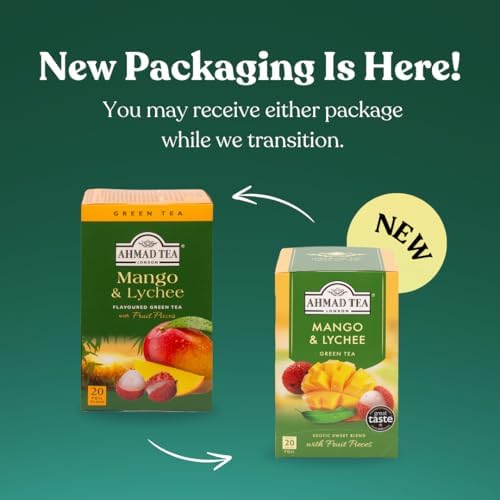 Ahmad Tea Green Tea, Mango & Lychee Teabags, 20 ct (Pack of 1) - Caffeinated & Sugar-Free