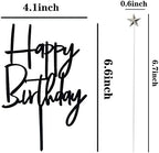 Set of 1 Black Acrylic Happy birthday Cake Topper,5 pcs silvery Star Cake Cupcake Topper(Black 1)