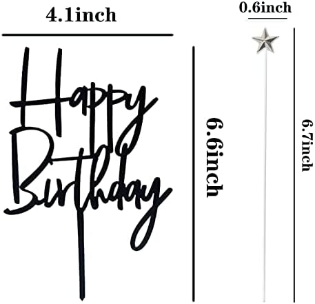 Set of 1 Black Acrylic Happy birthday Cake Topper,5 pcs silvery Star Cake Cupcake Topper(Black 1)
