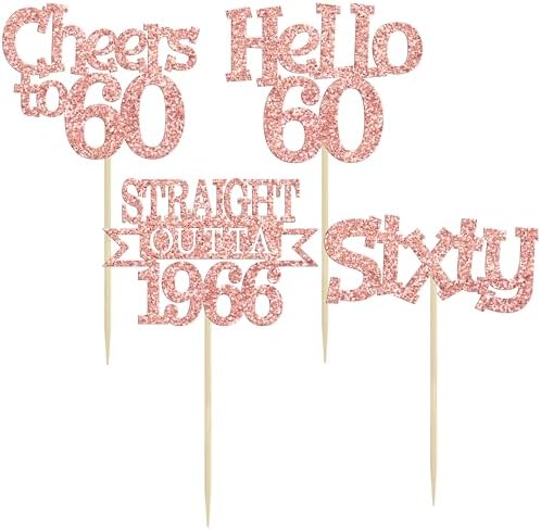 Ephlyn 24Pcs Happy 60th Birthday Cupcake Toppers Glitter Straight Outta 1966 Cupcake Picks Hello 60 Cheers to 60 Years Birthday Cake Decorations for 60th Birthday Anniversary Party Supplies Rose Gold