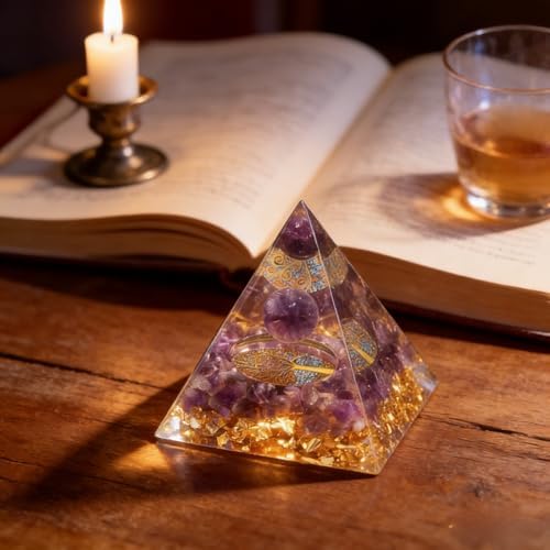 Orgone Pyramid Crystal, Amethyst Chakra Reiki Orgonite for Positive Energy, Stress Relief and Meditation, Handmade Spiritual Decor