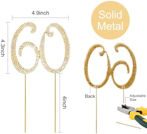 CIEHER 60th Birthday Cake Topper Metal Rhinestones Premium 60th Birthday Cake Toppers Cheers to Happy 60th Birthday Party Gold 60th Birthday Decorations