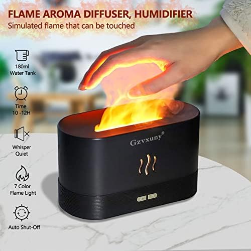 Flame Essential Oil Diffuser, Upgrade 7 Colour Lights Aromatherapy Diffuser, Super Quiet Air Humidifier, Electric Aroma Diffuser, Waterless Auto-Off for Home Office Room - Black
