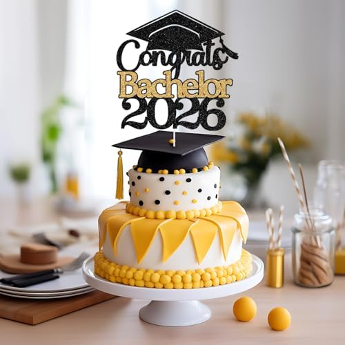 Congrats Bachelor 2026 Cake Topper, Congrats Bachelor's Degree Graduation Party Decoration, Class of 2026 Bachelor Grad Party Decorations Supply Black Gold Glitter