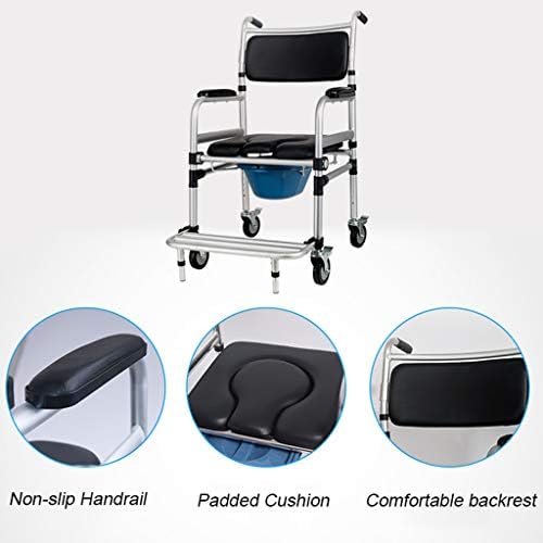 3 in 1 Bedside Commode Seat Deluxe Wheelchair Over Toilet Shower Bench for Seniors, Disabled with Padded Arms/Backrest Footrests Non-Slip