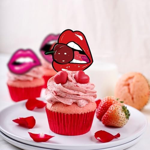 42Pcs Edible Edible Valentine’s Day Cupcake Toppers Red Lip Cupcake Toppers for Wedding Bachelorette Party Valentine's Theme Party Cake Decoration Supplies