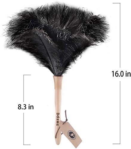 Feather Duster, Ostrich Feather Duster Ddzmz Fluffy Natural Genuine Ostrich Feathers and Reusable Wooden Long Handle Large Ostrich Feather Duster Cleaning for Housewife Black Length 16" 1Pack