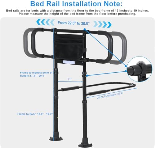 Bed Rails for Elderly Adults Safety, Elderly Assistance Products, Bed Rails for Seniors with Non-Slip Handles, Motion Sensor Light Fits King, Queen, Full, Twin (Compatible with Bed Frames 13.2"-19.7")