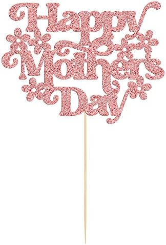 1Pcs Happy Mother's Day Cake Topper Glitter Best Mom Ever Cake Picks Flower Mom Cake Decorations for Happy Mother's Day Birthday Party Cake Decorations Supplies Gold