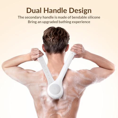Electric Body Brush Back Scrubber for Shower, Waterproof Long Dual Handle Power Body Scrubber with 3 Heads, Bath Brush & 2 Speeds, for Cleansing, Exfoliating and Massaging Skin, Milk White