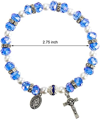 Coloch 6 Pack Women's Rosary Bead Stretch Bracelet, Crystal Cross Bracelet with Crucifix and Miraculous Medal, 3 Colors