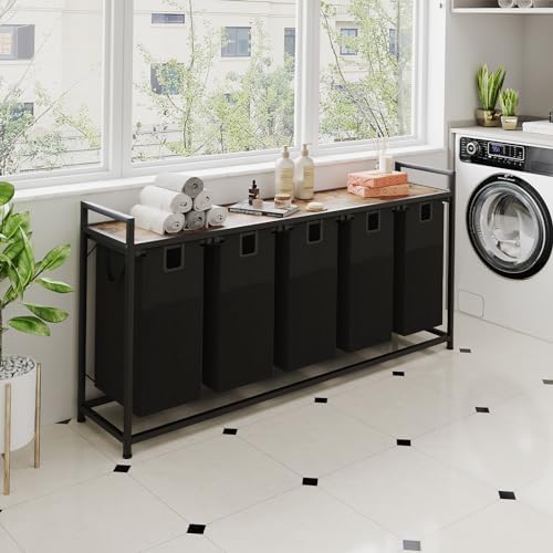 Laundry Basket Five Laundry Hamper with Removable Bags, Fabric Handles, Large Top Shelf and Laundry Bag for Bathroom, Dorm, Laundry Room