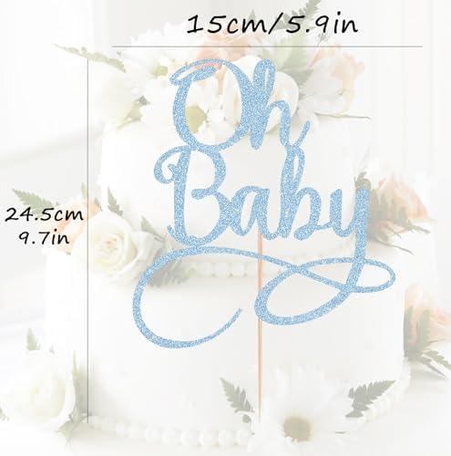 Oh Baby Cake Topper - Light Blue Glitter Baby Birthday Party Cake Decoration Supplies, for Baby Shower/Gender Reveal Party Photo Booth Props