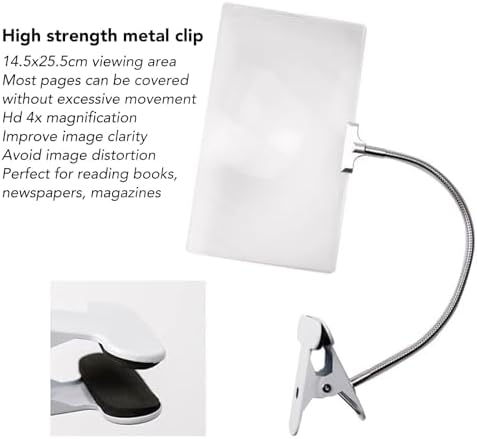 4X Magnifying Glass with Clip, 5.7x10in Large Magnifying Glass with Adjustable Flexible Gooseneck, Large Page Magnifier for Reading Books, Sewing, Crafts, for Low Vision Seniors