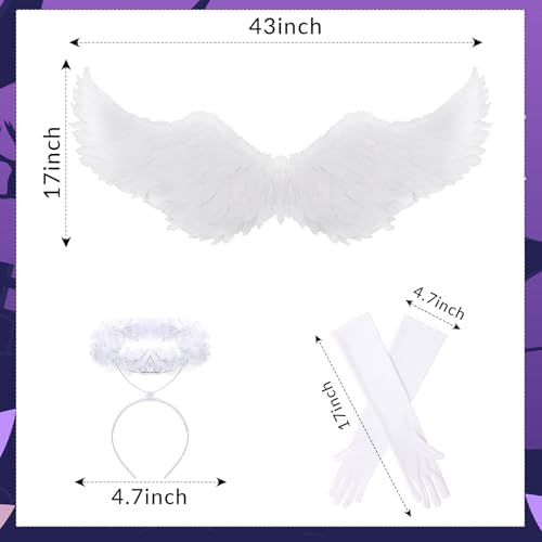 Maiteenly 4 Pcs Angel Costume Women Adult, White Angel Headband and Wings Satin Sleeveless Dress Gloves for Halloween Party