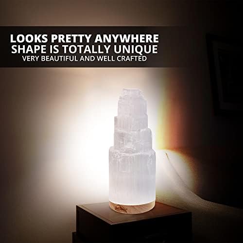 Himalayan Glow Selenite Crystal Lamp 20cm, Hand Curved Morocco |Skyscraper| Crystals and Healing Stones,(ETL Certified) with Wooden Base & USB Charging Cable For Healing Cleansing & Meditation