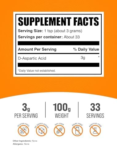 BulkSupplements.com D-Aspartic Acid Powder - D-Aspartic Acid Supplement for Men, Unflavored Amino Acid - Pure & Gluten Free, 3g per Serving, 100g (3.5 oz) (Pack of 1)