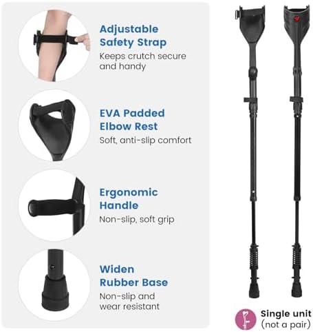 Ergonomic Forearm Crutches Spring Assist Crutches for Adults,Comfortable and Height Adjustable Arm Crutches Forearm with Anti-Slip Base,Walking Crutches with Cuffs, Not a Pair (Black)
