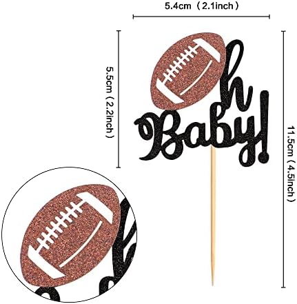 Ercadio 24 Pack American Football Oh Baby Cupcake Toppers - Black Glitter Rugby Picks for Sports Theme Baby Shower, Gender Reveal Party Cake Decor Supplies