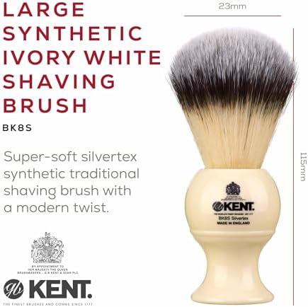 Kent BK8S Shaving Brush with Ultra-Soft Silvertext Synthetic Bristles and Faux Ivory Resin Handle to use with Shave Cream or Soap for a Perfect Lather. Luxury Shaving Since 1777, Made in England