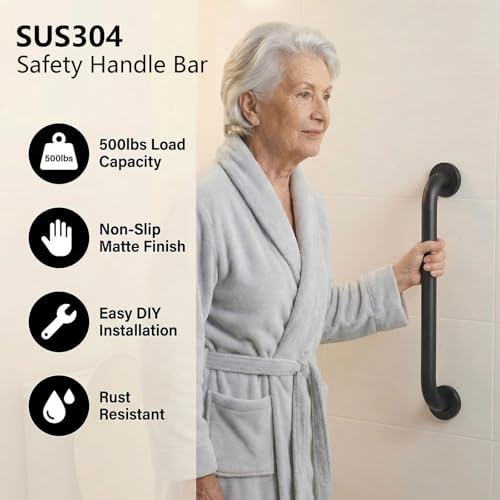 16" Stair Handrail, Wall-Mounted Safety Grab Bar for Indoor & Outdoor Steps, Rustic Pipe Design, Black (2 Sets)