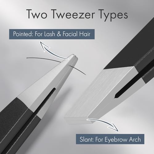 Tweezers for Women Facial Hair, Slant & Point Tip 2 Pack Eyebrow Tweezers for Men, Professional Tweezer Set Stainless Steel Precision Tweezers for Eyebrows, Splinter, Ingrown Hair Removal