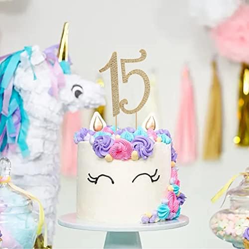 Honbay 15 Birthday Cake Topper Sparkly Bling Alloy Crystal Rhinestones Cake Topper Cake Decoration for 15th Birthday or Anniversary Party (Gold)