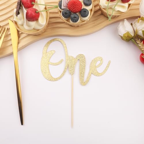 First Birthday Cake Topper - Glitter Gold 1st Birthday Cake Decorations, One Year Old Cake Smash Decor, One Sign Cake Top Photo Booth Props (Gold)