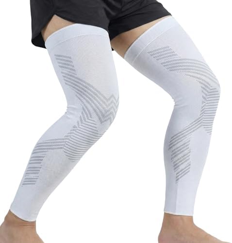 NuCamper Full Leg Compression Sleeves for Men and Women,2 Pack Legs Sleeves Long Knee Brace Support for Running, Basketball, Cycling, Workout, Sports - White,XL