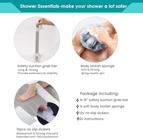 16 Inch Long Suction Grab Bar for Bathroom Indicator Light, Suction Shower Balance Assist Bar Support Rail Helping Handle for Tub Elderly Seniors Handicap Strong Suction Bathtub Grips Non Slip Sticker