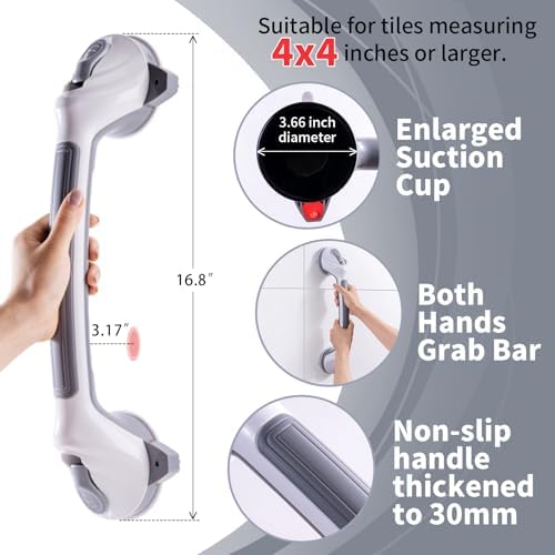Shower Grab Bars for Seniors 2 Pack,16.8" Suction Shower Handle with Safety Indicator, No-Drill Bathroom Safety Rails for Elderly, Bathtub & Tile/Glass (Gray)