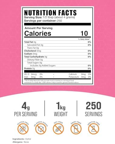 BulkSupplements.com Xylitol Powder - Sugar Substitute, Food-Grade Powder - Vegan & Gluten Free, 4g per Serving, 1kg (2.2 lbs) (Pack of 1)